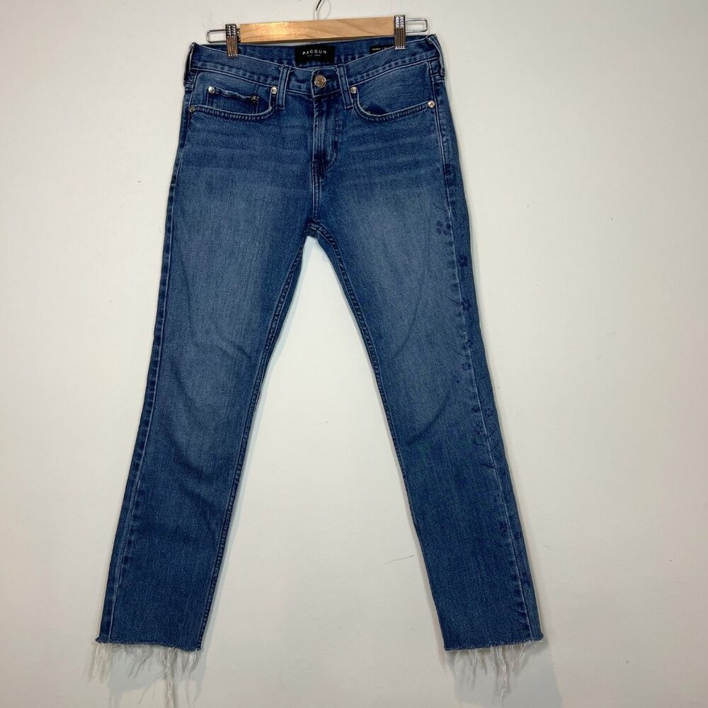 Pacsun Skinny Jeans Size 28 Blue Floral Outseam Raw Hem Womens Denim - Picture 9 of 12